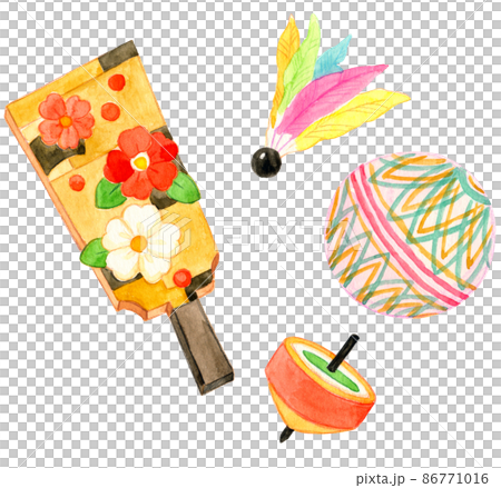 お正月の遊び道具の水彩イラストセット お正月の遊び道具の水彩イラストセット 86771016
