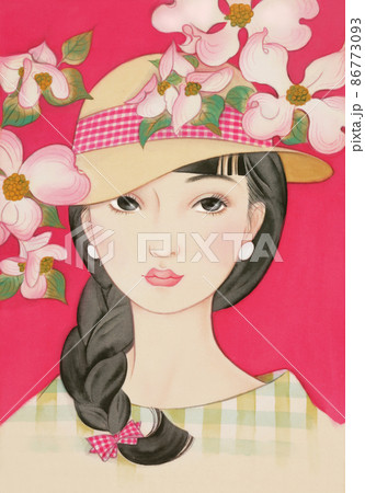 昭和レトロ 少女画 はなみずきと帽子の少女のイラスト素材