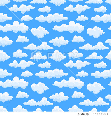 Cartoon cloud pattern. Seamless print of white summer fluffy cumulus clouds. Vector texture modern pattern panorama sky 86773904