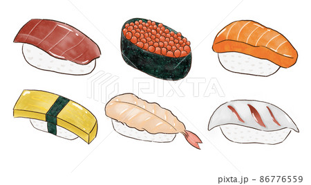 握り寿司 6種類 イラスト 手書きのイラスト素材