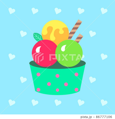 Vector illustration of a fruit ice cream on a heart background. Tasty, sweet summer dessert. It is suitable for use for postcards, gifts, social media, print, cafe menu, restaurant, bar, shops. 86777106