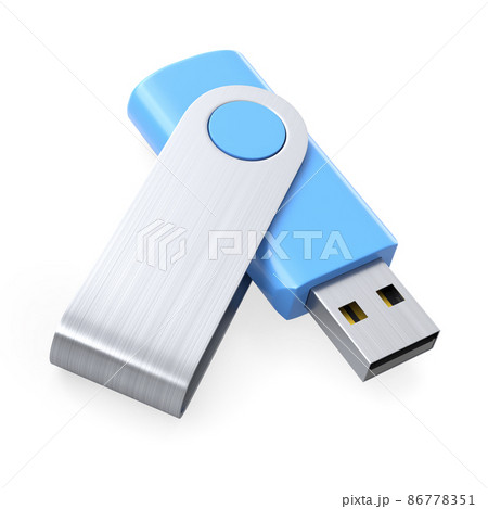 Portable blue USB flash drive stick for workspace isolated on white background 86778351