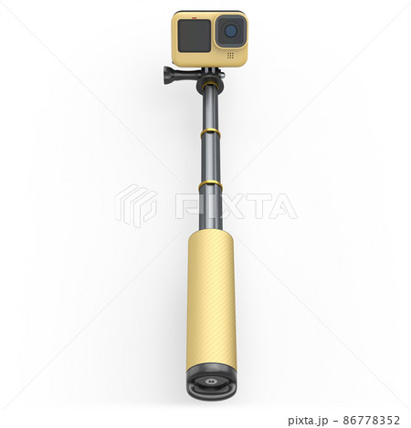 Photo and video lightweight yellow action camera with selfie stick on white 86778352