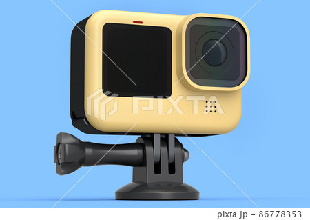 Photo and video lightweight yellow action camera with display on blue 86778353