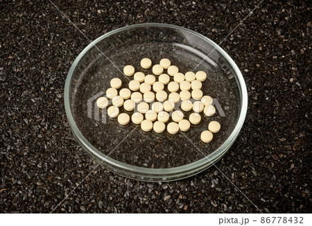 Medical Tablettes in Petri Dish on Ruberoid Grain Surface Medical Tablettes in Petri Dish on Ruberoid Grain Surface 86778432