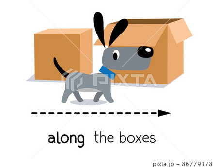 Preposition of movement. Dog walks along the box 86779378