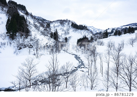小川の雪景色 86781229