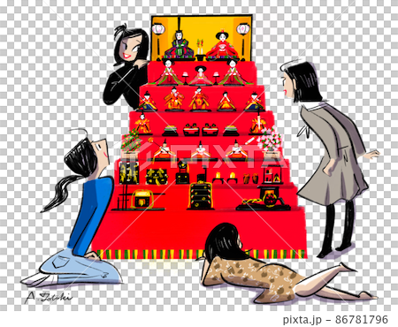 Illustration of women looking at Hina dolls 86781796