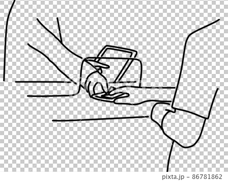 一個人在帶隔板的收銀機上付款的線條藝術插圖 86781862