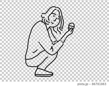 Line art illustration of a woman holding a capsule toy capsule Line art illustration of a woman holding a capsule toy capsule 86781863