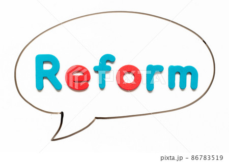 Alphabet letter with word reform in black line hand drawing as bubble speech on white board background 86783519