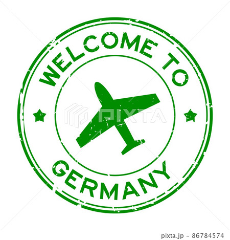 Grunge green welcome to Germany word with airplane icon round rubber seal stamp on white background Grunge green welcome to Germany word with airplane icon round rubber seal stamp on white background 86784574