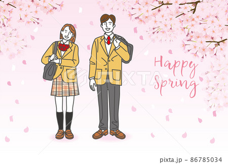 桜を背景に仲良しの高校の同級生の男女のイラスト 86785034