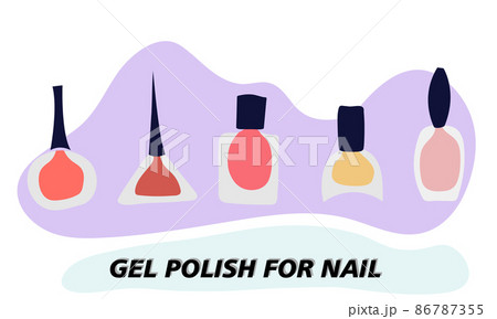 A set of jars with gel nail polish. Transparent jar, colored varnish is visible through the glass. Objects and materials for a beauty and fashion salon. Vector illustration. A set of jars with gel nail polish. Transparent jar, colored varnish is visible through the glass. Objects and materials for a beauty and fashion salon. Vector illustration. 86787355