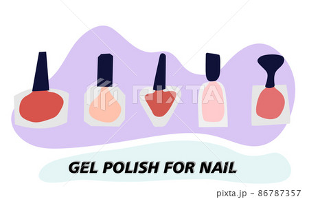 A set of jars with gel nail polish. Transparent jar, colored varnish is visible through the glass. Objects and materials for a beauty and fashion salon. Vector illustration. 86787357