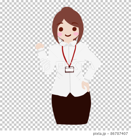 A woman wearing a shirt and wearing an employee ID card cheers for "Do your best" 86787407