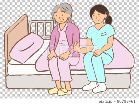 An elderly patient with dementia who is restless due to changes in the hospitalization environment and a psychiatric nurse who is close to him 86788461