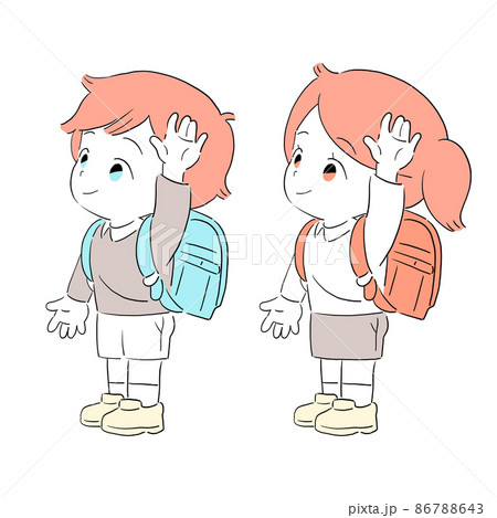 手を挙げて道を渡ろうとする小学生　男の子　女の子　 86788643