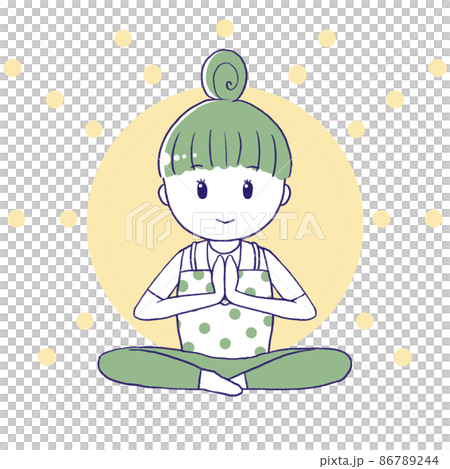 目を開けて合掌する女性背景あり 86789244