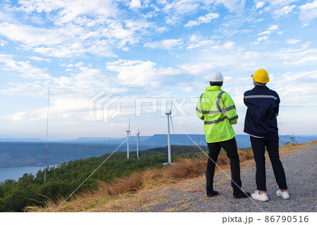Engineers analysis windmill engineers inspection and progress check wind turbine. 86790516