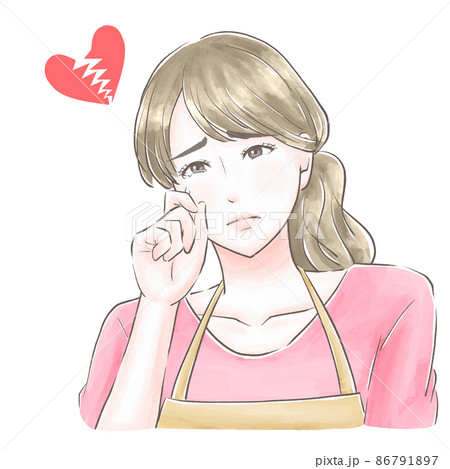 ショックで涙を流す主婦　割れるハート　水彩風 86791897