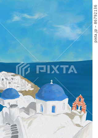 ギリシャ　サントリーニ島　油彩風　ポストカード 86792136