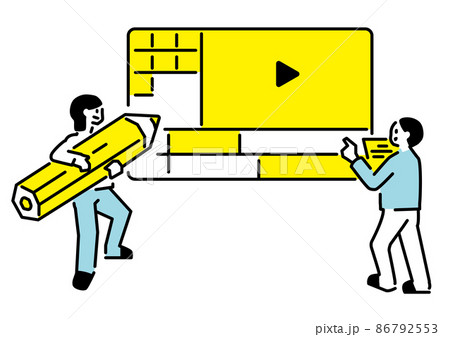 二人で動画編集をするイラスト　横長ver 86792553