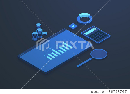 Data analytics Digital Marketing isometric concept. Dashboard Business finance report and seo analysis with data statistics charts, calculator, magnifier and coins icons. Modern vector illustration Data analytics Digital Marketing isometric concept. Dashboard Business finance report and seo analysis with data statistics charts, calculator, magnifier and coins icons. Modern vector illustration 86793747
