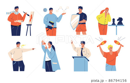 MBTI types. Person with different personality thinking and behavior. Extrovert or introvert. Thinker feeler judger perceiver mindset. Sensor and intuitive. Vector human individualities set 86794156