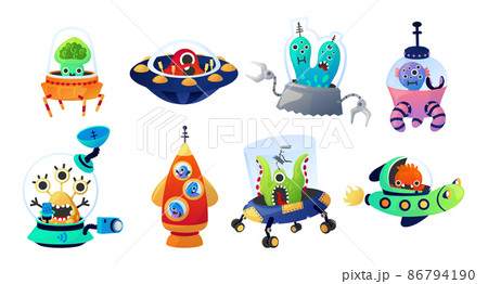 Aliens with spacecraft. Cartoon cosmic invader creatures flying on comic space transport. Cosmonauts driving spaceships. Childish monsters on rockets discovery universe. Vector UFO set 86794190