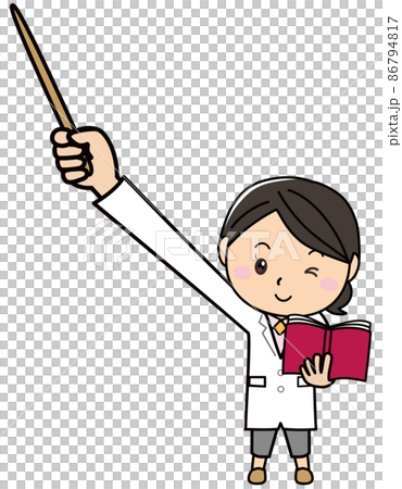 A woman in a white coat holding a book and pointing with a pointer A woman in a white coat holding a book and pointing with a pointer 86794817