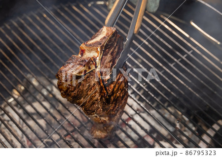 アウトドアでステーキ Beef steak grilled outdoors at camp  アウトドアでステーキ Beef steak grilled outdoors at camp  86795323