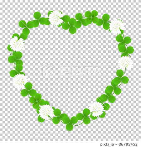 クローバーの白い花と緑の葉で飾られたハート型のフレーム