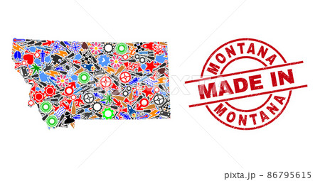 Production Collage Montana State Map and Made in Scratched Stamp Production Collage Montana State Map and Made in Scratched Stamp 86795615