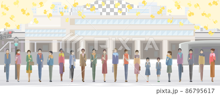 駅前を歩く学生と社会人 駅前を歩く学生と社会人 86795617