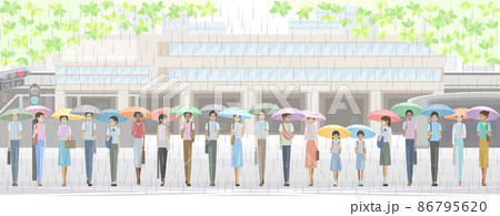 傘をさして駅前を歩く学生と社会人 86795620