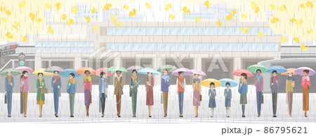 傘をさして駅前を歩く学生と社会人 86795621