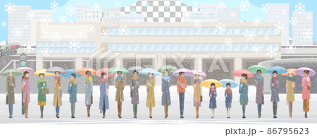 學生和大人打著雨傘在車站前走 86795623