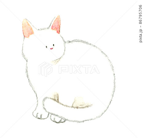 猫のかわいい手描き水彩イラスト 座る耳がピンク色の白猫のイラスト