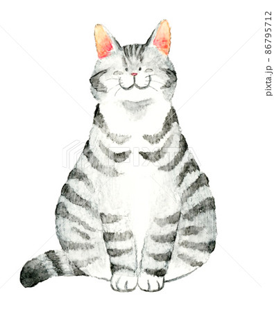 猫のかわいい手描き水彩イラスト 正面を向いて座るサバトラ猫のイラスト素材