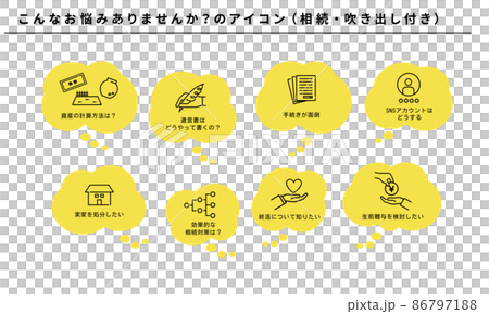 こんなお悩みありませんか？のアイコンセット（相続）、吹き出し付き、ベクター 86797188