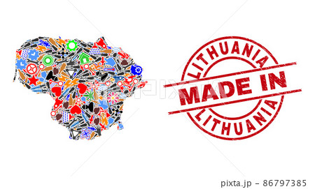 Industrial Collage Lithuania Map and Made in Scratched Stamp Seal Industrial Collage Lithuania Map and Made in Scratched Stamp Seal 86797385