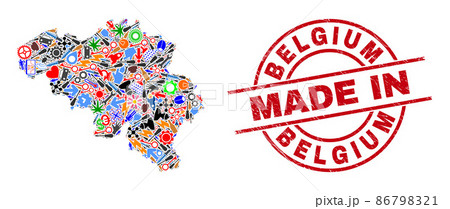 Industrial Mosaic Belgium Map and Made in Textured Rubber Stamp 86798321