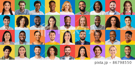 Positive multiracial people collage. Human portraits with happy facial expressions on bright colorful studio backgrounds 86798550