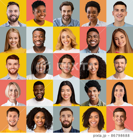 Diverse cheerful people portraits collage over bright colorful studio backgrounds. Human diversity collage Diverse cheerful people portraits collage over bright colorful studio backgrounds. Human diversity collage 86798688