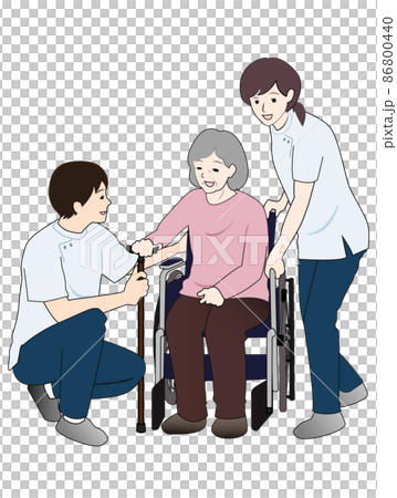 職業治療師、物理治療師、言語治療師的康復人員和坐在輪椅上的病人微笑著度過時光的插圖。 86800440