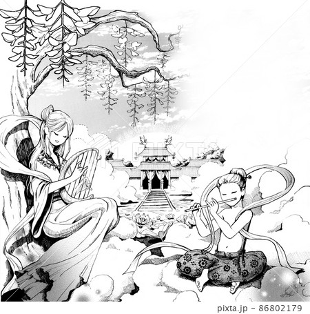 極楽っぽいイメージのモノクロイラスト右上スペースあり 極楽っぽいイメージのモノクロイラスト右上スペースあり 86802179