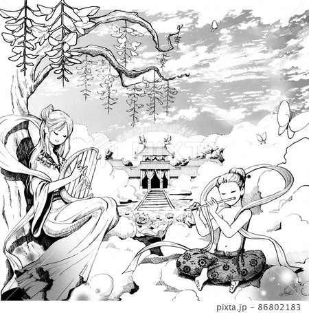 極楽っぽいイメージのモノクロイラスト 86802183