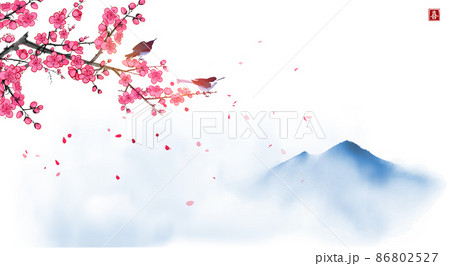 Two birds on blossoming sakura tree branch and far blue mountains. Traditional oriental ink painting sumi-e, u-sin, go-hua. Hieroglyph - joy 86802527