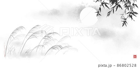 Leaves of grass and bamboo on the wind. Traditional oriental ink painting sumi-e, u-sin, go-hua. Translation of hieroglyph - eternity Leaves of grass and bamboo on the wind. Traditional oriental ink painting sumi-e, u-sin, go-hua. Translation of hieroglyph - eternity 86802528
